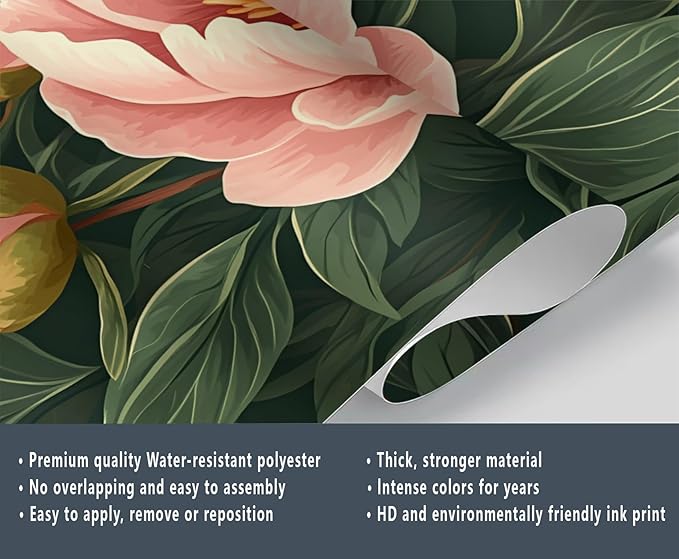 KIREUPA Peony Flower Wall Mural, Retro Pink Peony Flower 3d Wall Murals, Romantic Garden Theme Wallpaper Mural, for Living Room Bedroom Large Wallpaper Indoor Decor 78.7" W x55.1 H