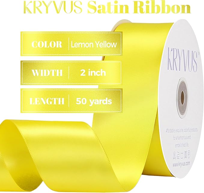 Lemon Yellow Satin Ribbon, Double Faced 2 Inch X 50 Yards Lemon Yellow Ribbon, Premium Satin Ribbon for Gift Wrapping, Crafts, Hair Bow Making, Sewing, Flower Bouquet, Wedding Party Decor