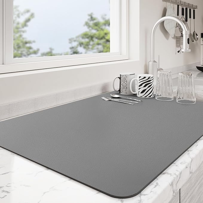 Dish Drying Mat for Kitchen Counter | Coffee Bar Mat for Countertops | Heat Resistant Drainer Mat with Non-slip Rubber Backed | Hide Stain Kitchen Absorbent Draining Mat | Dark Grey 16"x18"