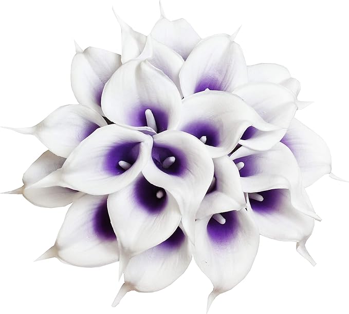 DuHouse 20Pcs Calla Lily Artificial Real Touch Latex Flowers Fake Wedding Bouquet Home Wedding Party Decor (Purple White)