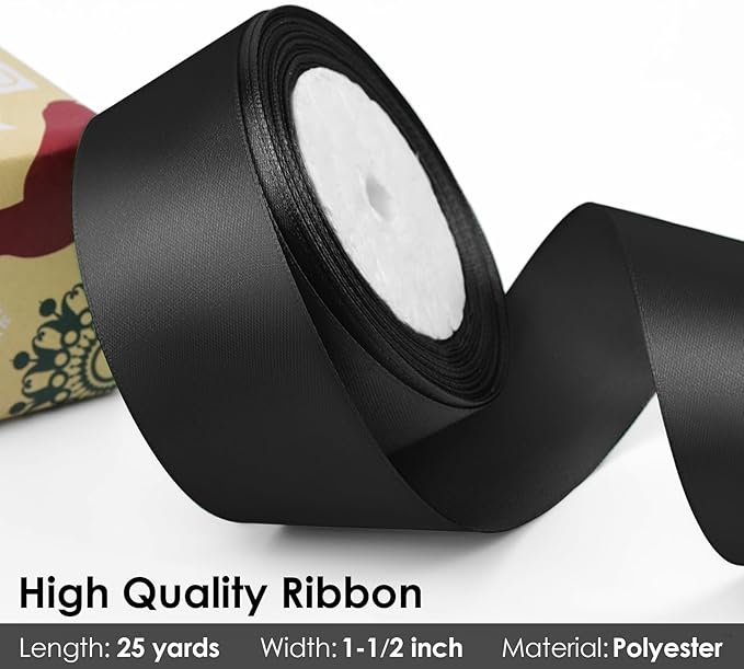 25 Yards 1.5 inch Satin Ribbon, Solid Color Fabric Ribbon Perfect for Gift Wrapping, Wedding, Handmade Bows, Floral Bouquets and Party Decoration(Black)