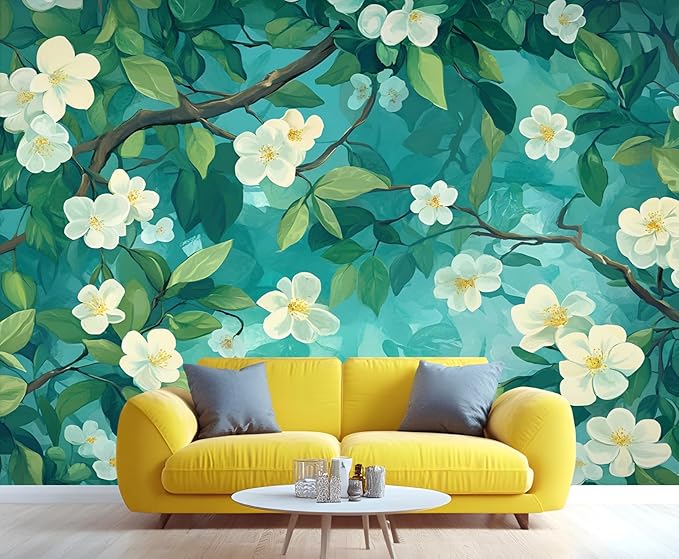 Jasmine Blossom Wall Mural, Elegant Floral Landscape 3D Wall Murals, Nature Turquoise Botanical Wallpaper Mural, for Living Room Bedroom Large Wallpaper Indoor Decor 197" W x124.8 H