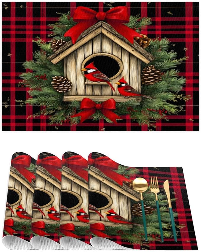 Christmas Art Waffle Cardinal Placemats Set of 4 PVC Vinyl Non Slip Table Mats Heat Resistant Place Mats Washable Wipeable Dining Table Mat for Kitchen Decor Party Indoor Outdoor Decorative Gift