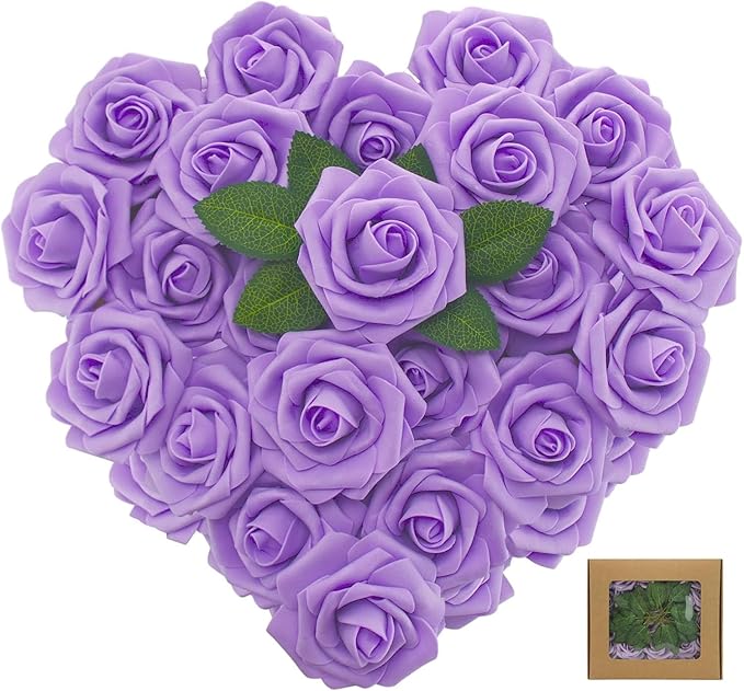 [25PCS] Isquene Purple Roses Artificial Flowers with Long Stem Real Touch Fake Foam Roses for Decoration DIY Wedding Bouquets Centerpieces Bridal Shower Flower Arrangements Home Decor