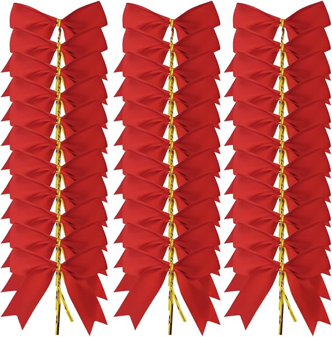 50pcs 3.5" Red Satin Ribbon Bows Twist Tie Bows for Gift Wrapping Christmas Tree Decoration with Fish Tails (Red)