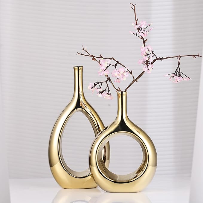 Glossy Gold Vase Ceramic Gold Vases Home Decor,Modern Minimalist Circle with Hole Decorative Vase, Hollow Ellipse Flower vases for Bookshelf, Fireplace Mantle, Centerpieces,Farmhouse,Rustic Décor