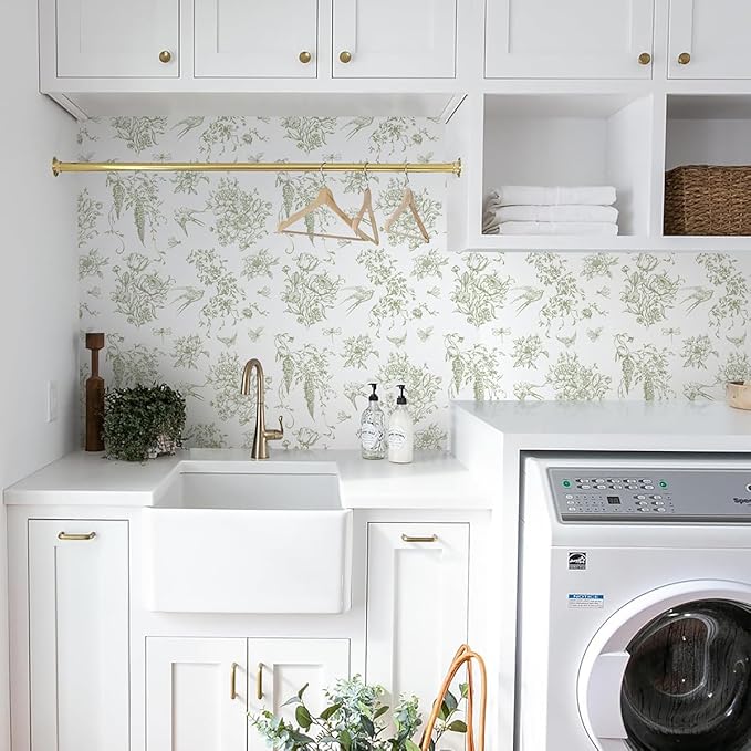 Floral Birds Wallpaper Peel and Stick Green and White Contact Paper 16.9”x 196.8” Vintage Floral Self Adhesive Removable Wallpaper Green Flower Contact Paper for Bathroom Kitchen Decor