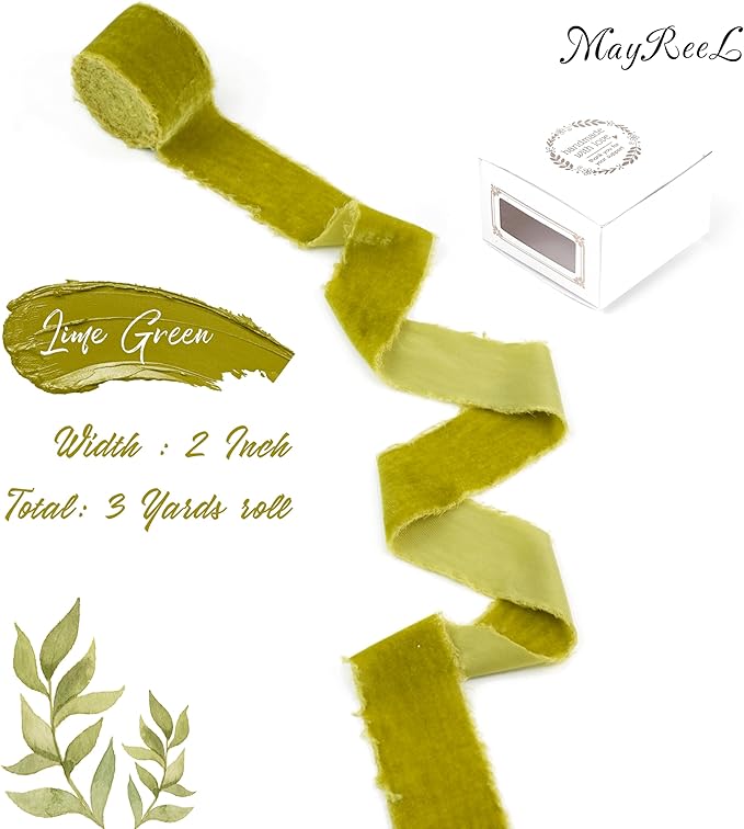 MAYREEL Lime Green Velvet Ribbon 2 Inch x 3 Yards Frayed Edge Silk Velvet Ribbon Hand Torn with Raw Edge for Bridal Bouquet, Invitations, Wedding, Vow Books, Gift Basket, Hair Bows