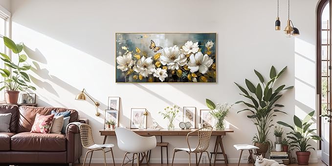 Wall Art Modern Flower Artwork Paintings White Blossom Gold Leaf Butterfly Landscape Picture wall Decor for Living Room Bedroom Kitchen 24"x48" with Framed