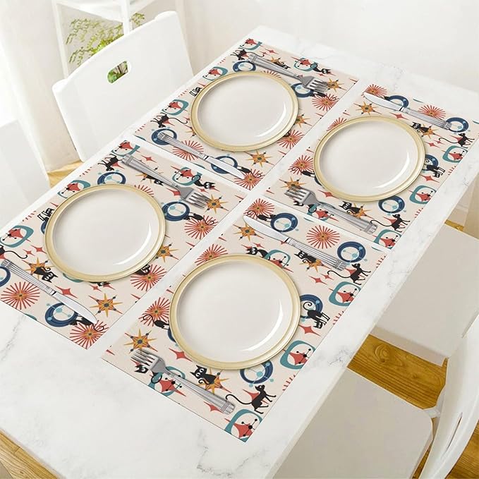Mid Century Black Cat Modern Placemats Set of 6,Kitchen Table Mats for Dining Outdoor Home Decor 12x18 Retro Place Mats 6 PCS, Style-17