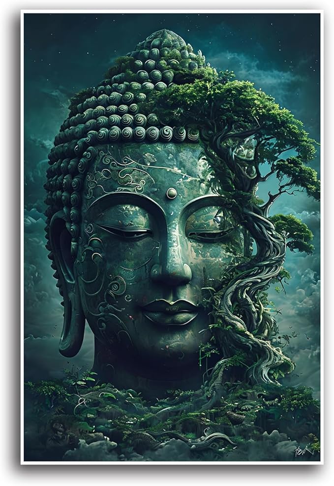 Buddha statue wall art canvas wall decor aesthetic picture mystical nature art for tranquil home and spiritual space 8x12in Frameless