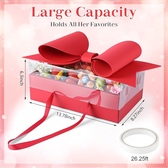 AceOrbit 1 Set Flower Gift Box with Bow Paper Empty Large Red Gift Baskets with Lid and Handle Squared Cardboard Fillable Present Chocolate Packaging for Christmas Valentine Birthdays Bridal Wedding