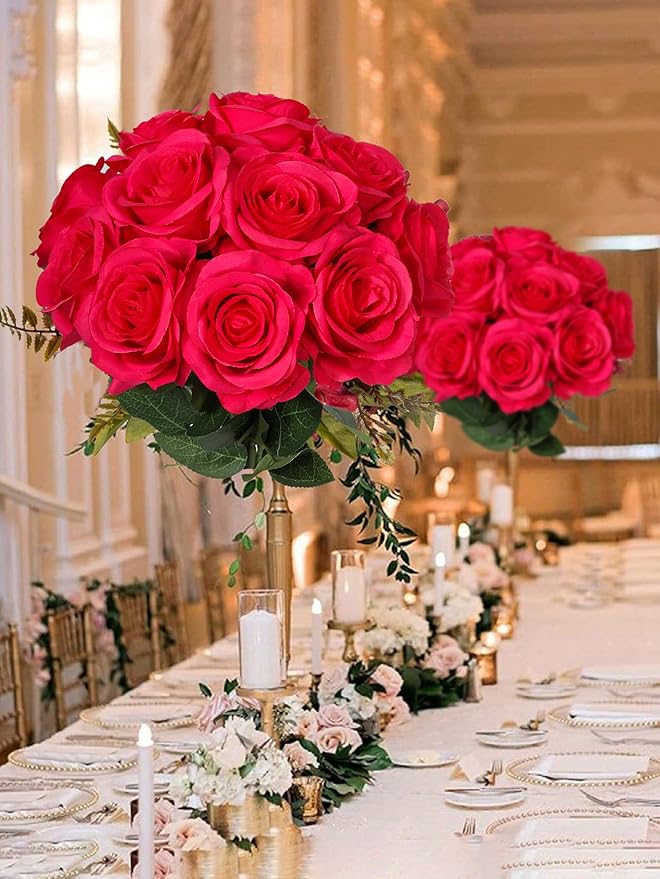 LFF 10pcs Silk Roses Artificial Flowers Fake Long Stem Roses for DIY Wedding Bouquet Home Decoration (Hotpink)