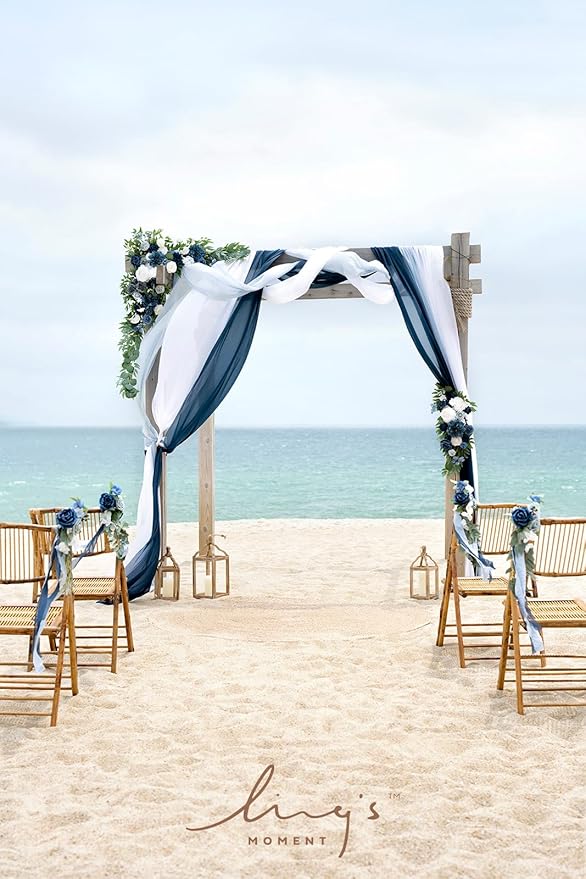 Ling's moment Wedding Arch Flowers with Sheer Drapes Kit - Artificial Dusty Blue and Navy Floral Arrangements for Ceremony Backdrop, Arbor Decor, 5-Piece Set (2 Flower Stems + 3 Hanging Drapes)