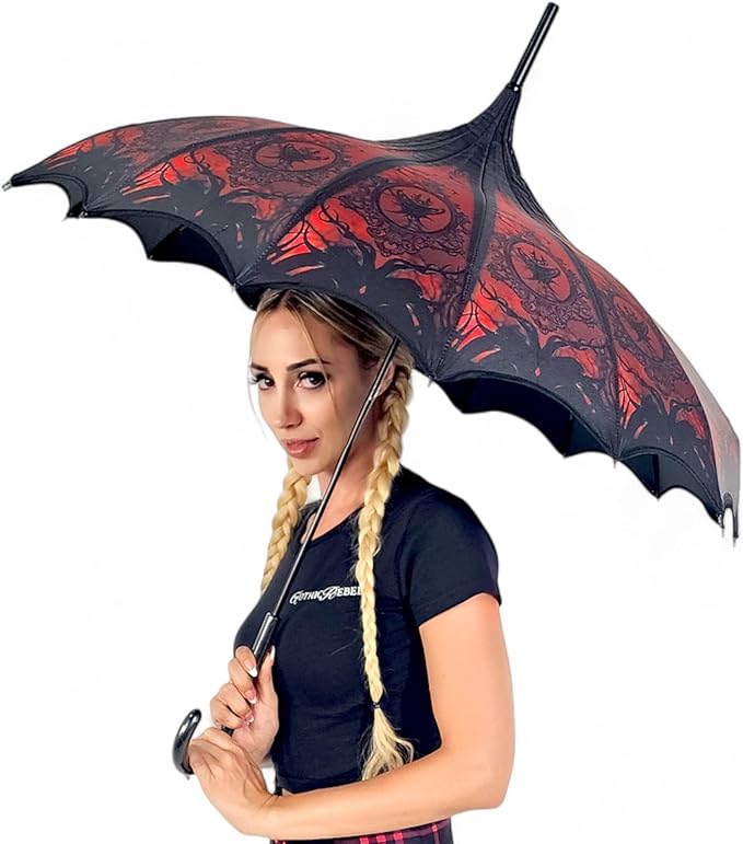Pagoda Umbrella - Artisan Design with Bat Wing Scalloped Edges, Full Size Waterproof Windproof UV Protection Gothic Parasol with Carry Case