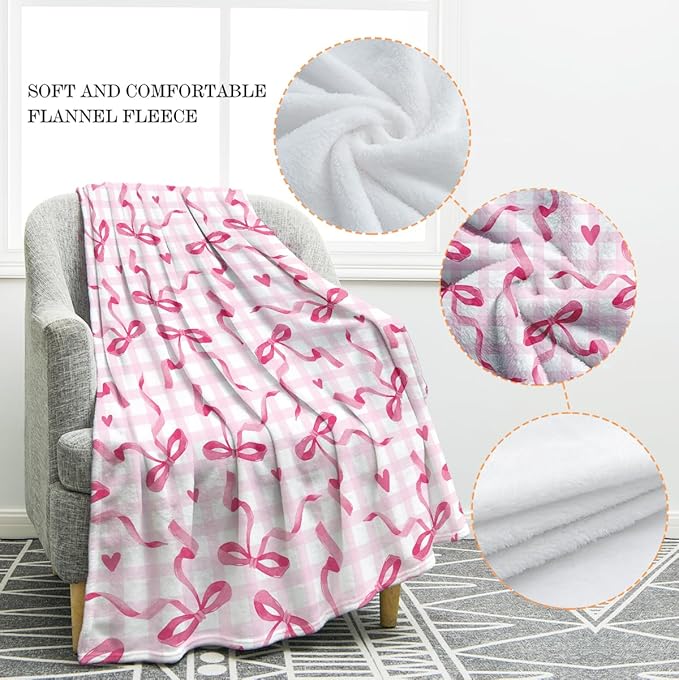 Jekeno Checkered Bow Throw Blanket Gifts for Women Girls Her, Bow Themed Birthday Party Decorations, Pink Soft Microfiber Blankets Bows Room Decor for Home Bed Couch