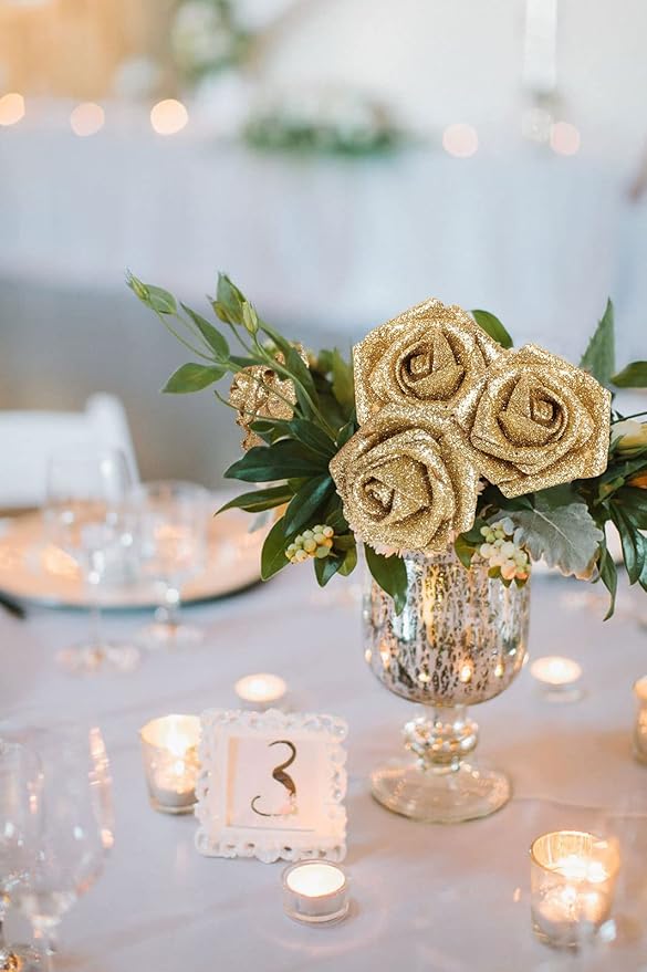 30 PCS Gold Artificial Flowers Glitter Roses Artificial Roses 2.17 in Foam Fake Flowers with Stem for Wedding Home Party DIY Bridal Bouquet Centerpieces Decor(Gold)