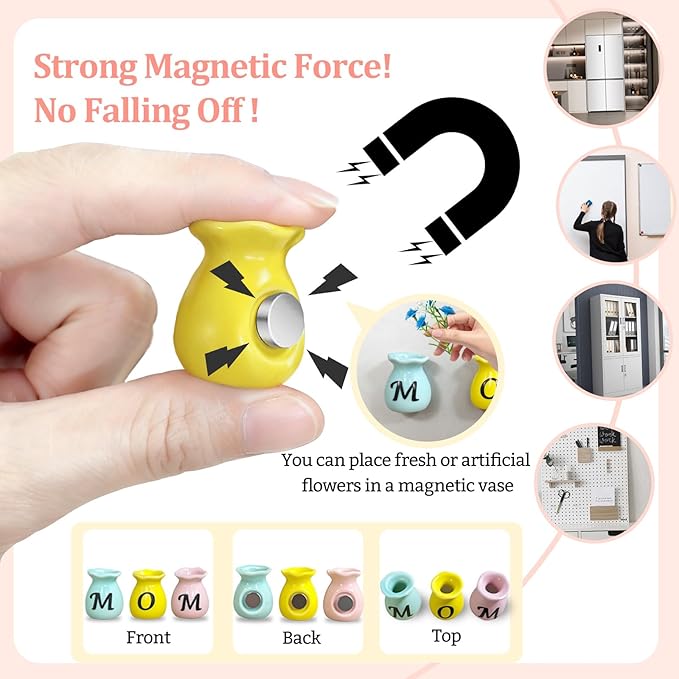 Mom Birthday Gifts Mini Vase Magnets for Fridge Cute Tiny Plant Refrigerator Magnets Ceramic Flower Vases with Artificial Flowers Mom Gifts from Daughter or Son Thanksgiving Christmas Mother’s Day