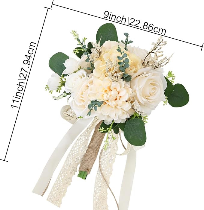 Boho Bridesmaid Bouquets for Wedding, 9 Inch Artificial Flowers Bouquets for Ceremony Anniversary Centerpieces Decorations, Roses - Beige