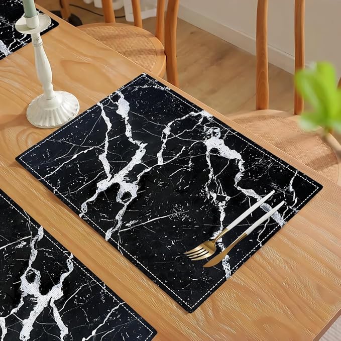 Black Marble Placemats Set of 6, Abstract Place Mats Washable Double-Sided Table Mats for Kitchen Dining Room Home Party Indoor Decor 6 PCS 12x18 Inch