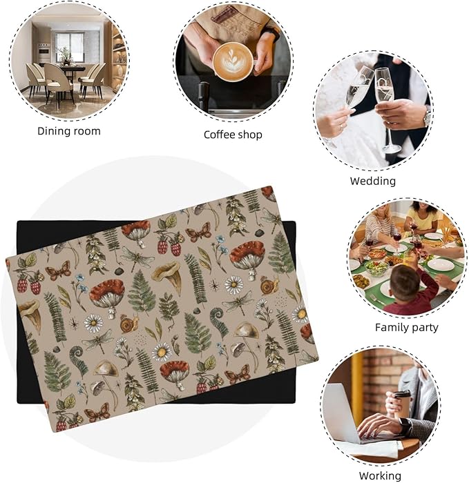 Mushroom Placemats Set of 4,Vintage Gothic Mushroom Fern Kitchen Place Mats Linen 12x18 Inch,Brown 4 PCS, Style-6