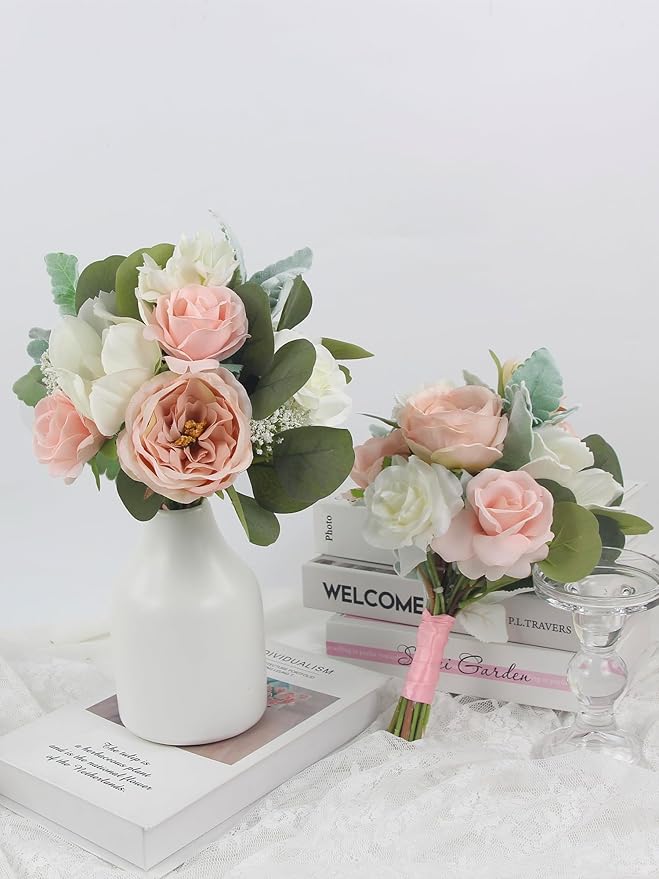 Rinlong 1Pc Wedding Bouquets for Bridesmaids Bride Pink Green Artificial Flowers Bridesmaids Bridal Bouquet for Wedding Prom