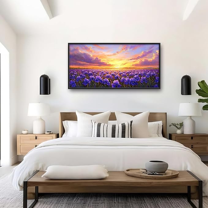 Iris Field Sunset Large Wall Art Purple Flower Framed Wall Decor for Living Room Iris Pictures Oversized Canvas Print Painting Modern Extra Large Framed Artwork for Bedroom Office 60"x30"