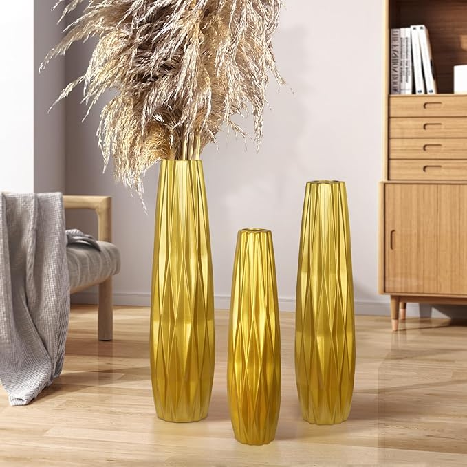Gold Ceramic Tall Floor Vase,28 Inch Large Modern Flower Vases for Home Décor,Wicker Big Floor Vase Decorations for Farmhouse, Living Room,Bedroom,Standing Plastic Vase Decorative Tall