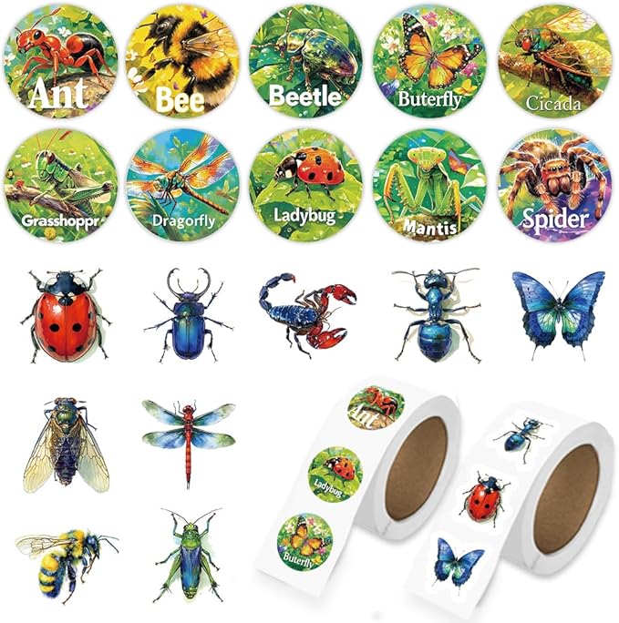 1000 Pcs Insect Animals Stickers for Kids Classroom Boys Girls School Adults. 2 Roll 1 Inch Bug Stickers Bulk Gift Party Favors. Scrapbook Nature Sticker Packs for Water Bottles Phone Case Laptop