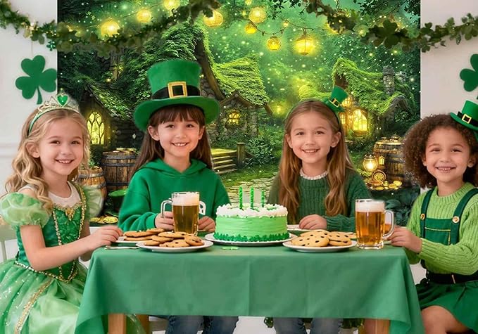 20X10ft St. Patrick's Day Backdrop Magic Enchanted Forest Green House Lucky Irish Shamrock Gold Coins Wonderland Photography Background for Kids Girls Party Decoration Cake Table Photo Booth Props