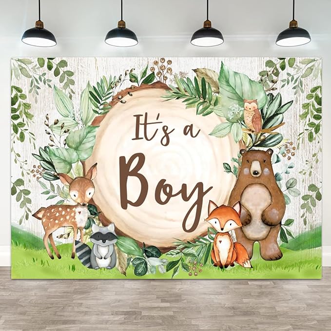 20x10ft Woodland Baby Shower Backdrop It's a Boy Photography Background Jungle Green Grass Safari Animals Bear Fox Baby Boys Party Banner Decorations Newborn Portrait Photo Booth Prop