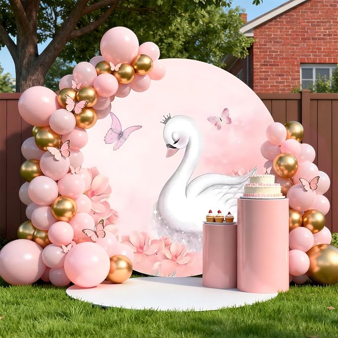 AOFOTO Swan Round Backdrop Pink Floral Butterfly Print Photography Background for Baby Shower Women Newborn Girls Birthday Party Banner Home Wall Decor Photo Studio Booth Props 6x6ft