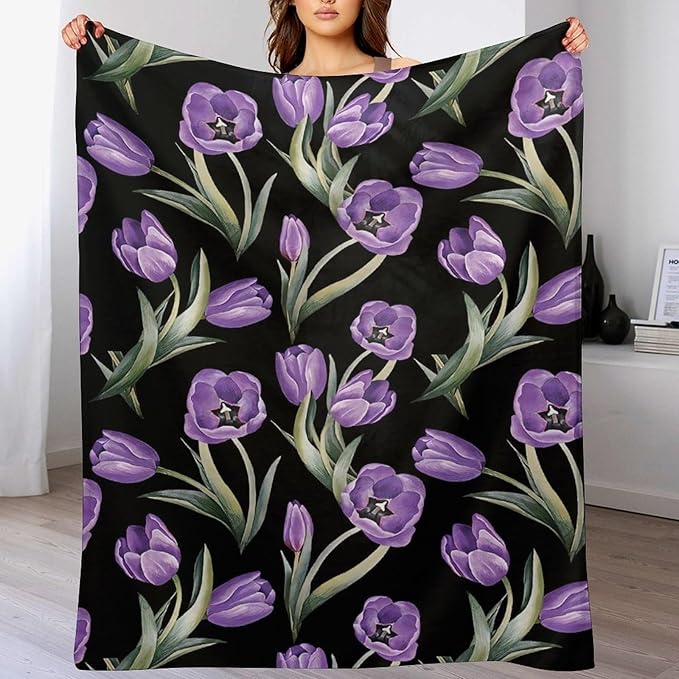 Purple Tulip Blanket Flower Gifts for Girls Women Tulip Floral Throw Blanket for Kids Adults Soft Warm Cozy Fleece Blanket for Couch Sofa Bed 40"x50"