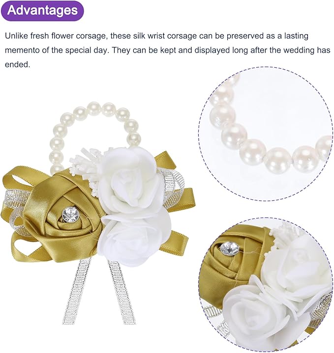 MECCANIXITY 6Pcs Wrist Corsage Artificial Flower Bracelets Rose Wrist Bride Groom Decorative for Wedding Ceremony Prom Party Anniversary Dark Yellow