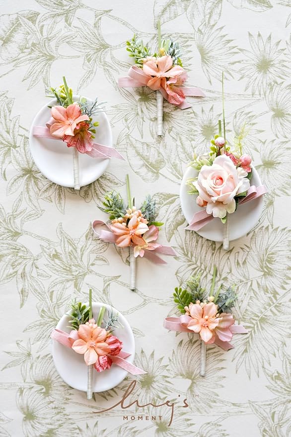 Ling's moment Boutonniere for Men, 6pcs Groom Groomsmen Boutonniere, Artificial Flowers for Wedding Decor/Prom/Homecoming, etc.Blush Garden Pink