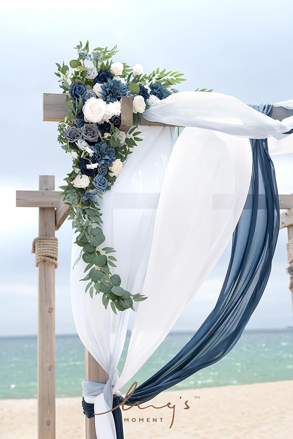 Ling's moment Wedding Arch Flowers with Sheer Drapes Kit - Artificial Dusty Blue and Navy Floral Arrangements for Ceremony Backdrop, Arbor Decor, 5-Piece Set (2 Flower Stems + 3 Hanging Drapes)