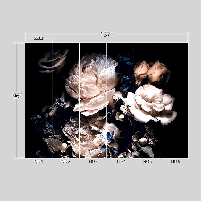 Black Peony Floral Wallpaper Peel and Stick Wall Mural for Bedroom Living Room - 96"x137"