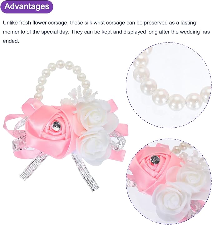 MECCANIXITY 12Pcs Wrist Corsage Artificial Flower Bracelets Rose Wrist Bride Groom Decorative for Wedding Ceremony Prom Party Anniversary Pink