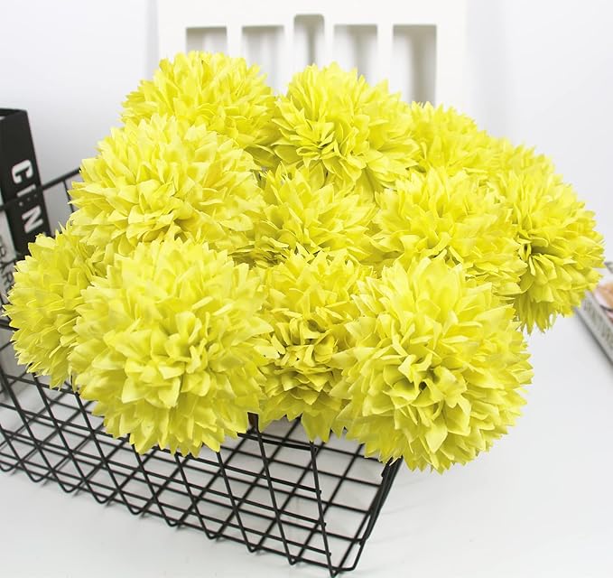 Tinsow 12 Pcs Artificial Flowers Faux Ball Chrysanthemum Bouquet Flowers Bridal Wedding Bouquet for Home Garden Party Wedding Decoration (12, Lemon Yellow)