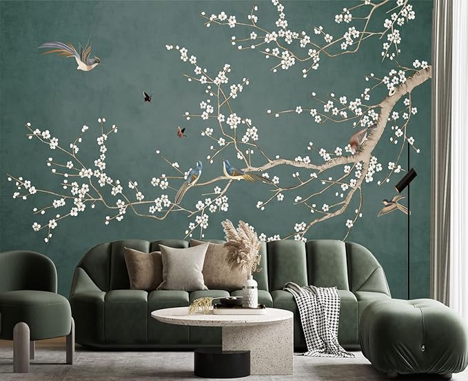 Plum Blossom Flower Bird Chinoiserie Wall Mural Wallpaper for Bedroom 103" x 69"