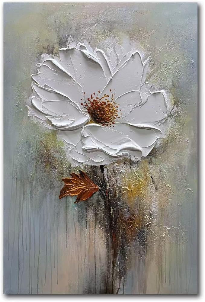moshinart 24 x 36in Hand-Painted Oil Painting 3D Texture Black White Grey Modern Minimalist Black Abstract Wall Art, Home Office Wall Decoration White Flower
