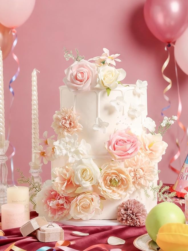 Artificial Flowers Combo Pink Mauve Fake Roses Silk Flowers with Stems for DIY Wedding Bridal Bouquets Floral Arrangement Table Centerpieces Cake Birthday Baby Shower Anniversary Home Decor