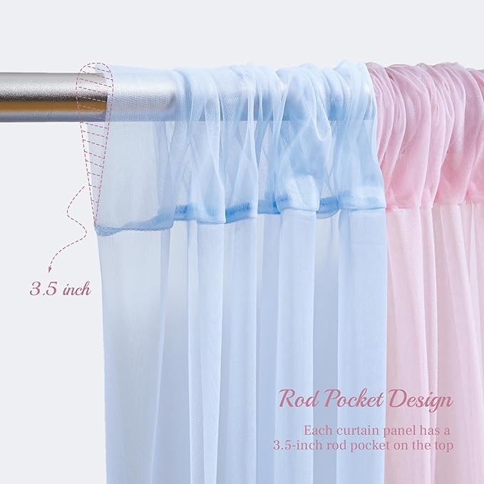 10x10ft Pink Blue Tulle Backdrop Curtain with Lights String for Parites, Sheer Backdrop Curtains for Wedding Baby Shower Birthday Party Photo Shoot Decorations