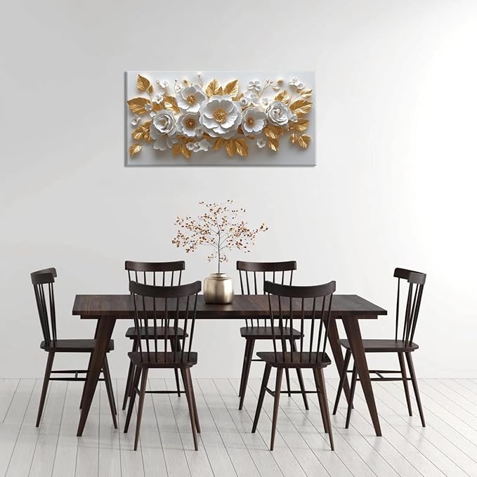 IDAFU Flower Wall Art White Foral and Golden Leaves Wall-décor White Wall Art Floral Painting Pictures for Living Room Bathroom Bedroom Kitchen Office Cuadros Decorativos Para Sala Decor 46L x 23W