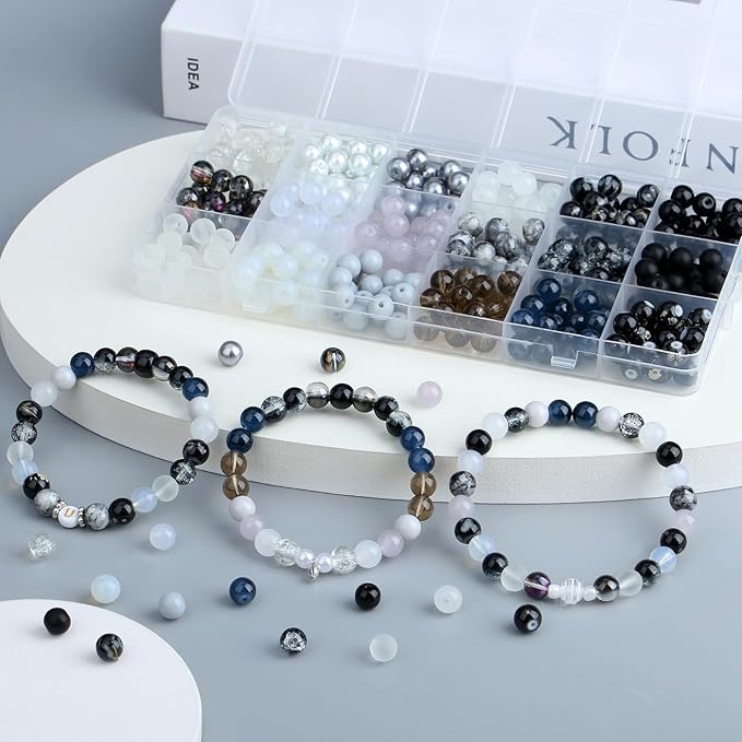 DUQGUHO 8mm Black Beads for Jewelry Making Black Glass Beads for Bracelets Necklaces DIY Crafts Glass Round Beads Black and White Beads Kit 360PCS