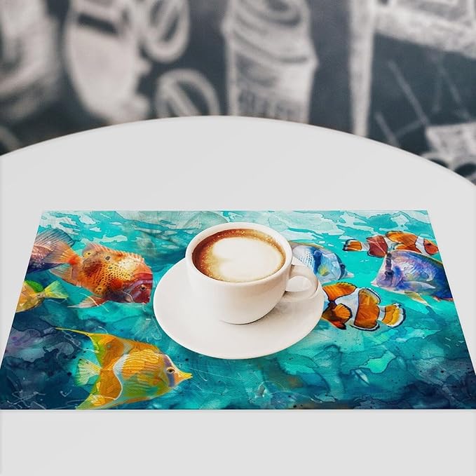 Fishing Placemats Set of 4 Colorful Fish Place Mats Heat Resistant for Dining Table Ocean Animals Fishes Waterproof Washable Table Mats Kitchen Dining Decoration 4 PCS