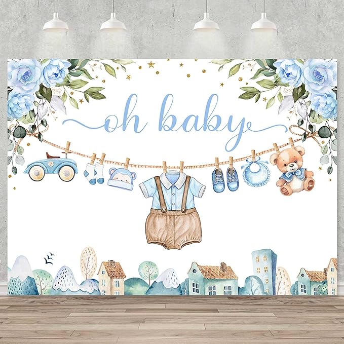 Sensfun Cute Clothes Baby Shower Backdrop for Boys Oh Baby Newborn Blue Floral Eucalyptus Leaves Adventure Baby Shower Party Decorations Banner Supplies Photo Booth Studio Props 7x5ft