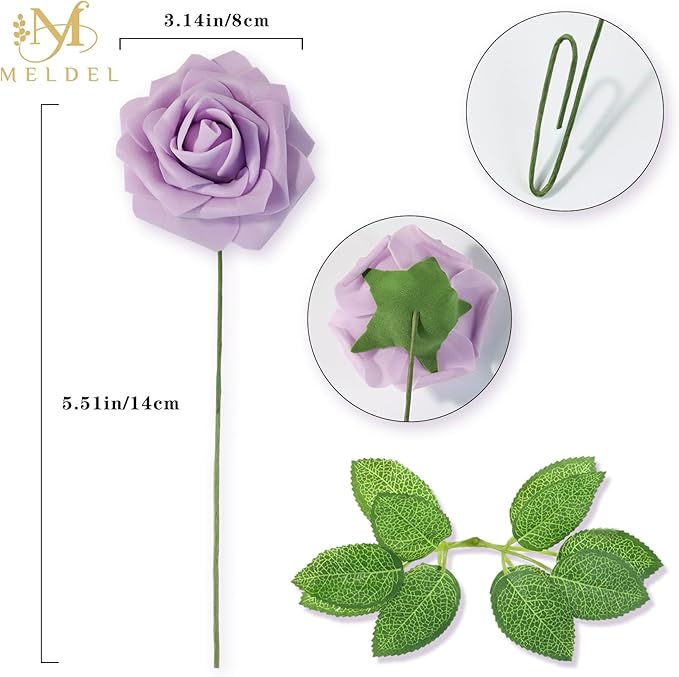 Meldel Artificial Flowers 50pcs Real Looking Dusty Violet Pale Lavender Foam Fake Roses with Stems for DIY Wedding Bouquets Bridal Shower Centerpieces Floral Arrangements Home Decorations Bulk Rose