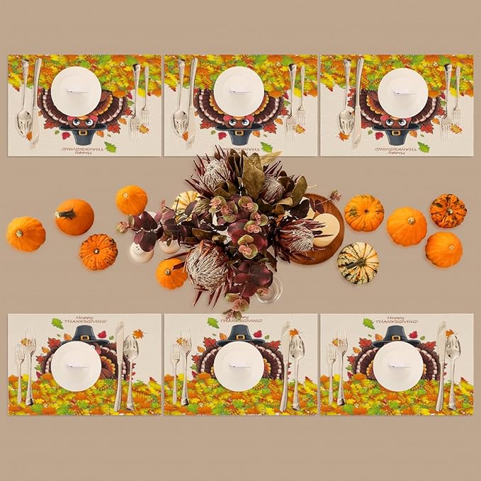 Thanksgiving Leaf Turkey Placemats Set of 4 PVC Vinyl Non Slip Table Mats Heat Resistant Place Mats Washable Wipeable Dining Table Mat for Kitchen Decor Party Indoor Outdoor Decorative Gift