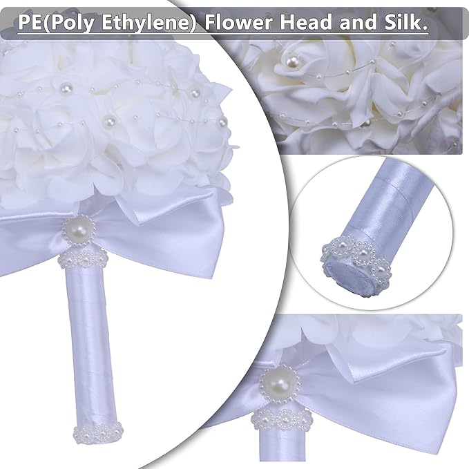 Wedding Bouquets for Brides or Bridesmaids Pearl Embellishment Roses Bridal Bridesmaid Wedding Hand Bouquet Artificial Fake Flowers.(White)